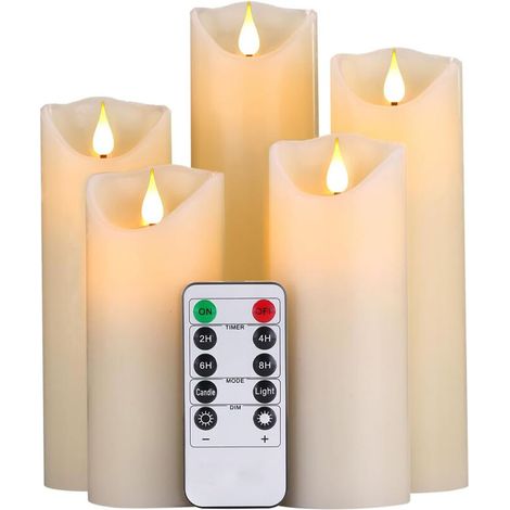 OEM – Lot de 5 bougies LED décoratives en cire véritable – Hauteurs 14 à 20 cm – Flamme vacillante à 10 touches – Durée de vie 50 000 heures