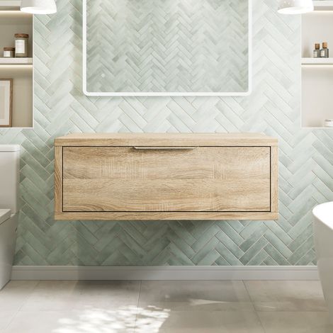 1100mm Bathroom Vanity Unit Countertop Wall Hung Drawers Grey Handle Oak Wood - No Basin (1/5)