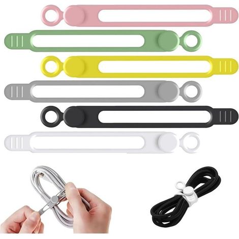 6pcs Organisateur de câbles de données 106mm, attaches de câbles en silicone réutilisables et élastiques pour regrouper et fixer écouteurs et chargeurs de téléphone (1/5)