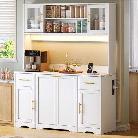 MODFU – Mobile cucina 140x40x173 cm in MDF con piano di lavoro, pattumiere scorrevoli, LED RGB e prese USB per cucina o soggiorno – Bianco (1/5)
