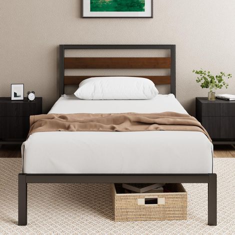 Zinus Letto Kai 90 x 190 cm - Rete sostenibile in bambù e metallo con testiera - Altezza 80 cm - Letto in metallo con rete a doghe - Montaggio semplice - Nessuna rete - Colore nero e marrone (1/5)