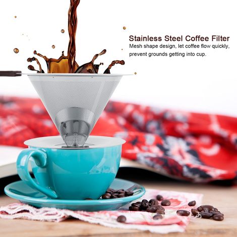 Filtre à café réutilisable en acier inoxydable à double paroi avec support pour tasse (1/5)