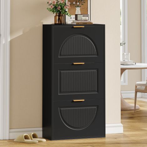 Modernluxe – Meuble à chaussures noir 60x24x114cm – 3 portes abattantes – MDF – Design moderne pour petits espaces – Sécurité anti-basculement