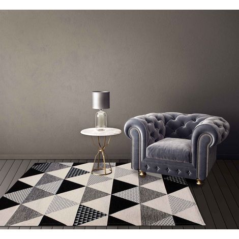 Tappeto Arredo Moderno Morbido in Ciniglia Ingresso Antiscivolo Prodotto Italiano Soggiorno Camera Salotto Disegni Piazzati Cotone Varie Misure Grande Triangoli Nero - 65x115Cm (1/5)