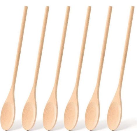 Lot de 6 cuillères en bois pour la cuisine, cuillères à long manche de 30 cm pour mélanger et remuer les aliments, grands ustensiles de cuisine en bois (1/4)