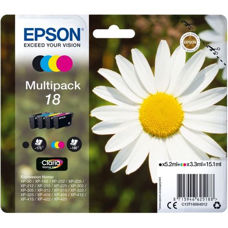 Multipack Cartucce di Inchiostro Originale Epson C13T18064022 Claria Home 18 Nero Giallo Magento Ciano per Epson Expression Home XP-102 XP-202 (1/5)