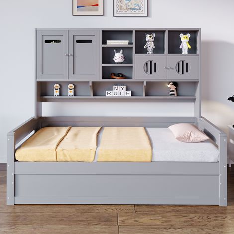 Canapé convertible en bois 90x200 cm, coffre de rangement intégré, mécanisme hydraulique, couchage une place, sommier pour enfant avec tiroir, gris (sans matelas) (1/5)