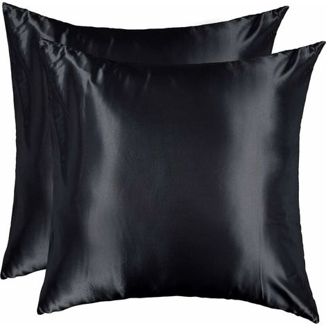 Juego de 2 fundas de almohada de satén de 60 x 60 cm, suaves, elegantes y cuadradas, con cremallera, para el hogar y el hotel, color negro. (1/5)