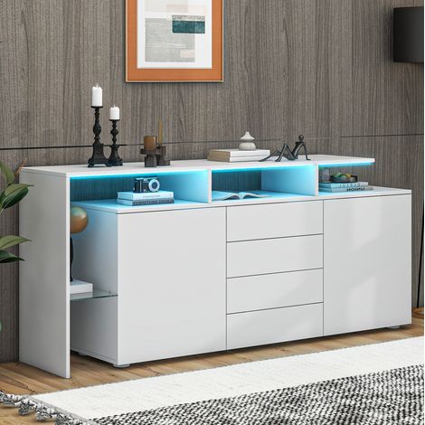 Mueble TV 160x35x70 cm en paneles de madera blanca, con almacenaje, salón moderno FLORAGRACE (1/5)