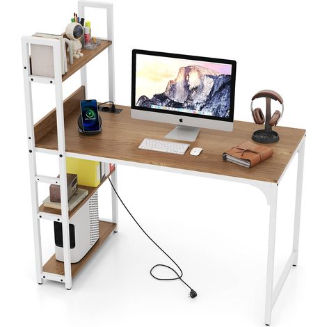 COSTWAY Scrivania con Libreria, 2 Prese di Corrente, 2 Porte USB Tipo-A e Tipo-C, Scrivania da Ufficio con 4 Ripiani, Scrivania per PC Salvaspazio, per Studio e Cameretta, 120 x 65 x 130 cm (Legno) (1/5)