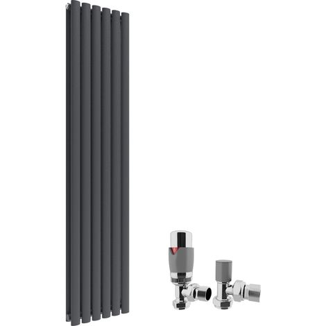 ELEGANT Anthracite Radiators Double 1600 x 360mm Oval Column Kitchen Panel Heater Designer Vertical Radiator + Chrome Thermostatic Radiator Valves