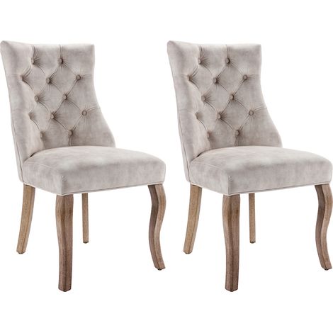 Lot de 2 chaises de salle à manger en velours beige clair, dossier haut capitonné, pieds courbés en bois d'hévéa, poignée décorative, style moderne et confortable - CHICFURN (1/5)