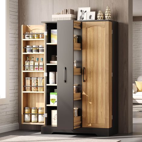 Credenza 150x78x40 cm, con 2 ante, 4 ripiani interni, estraibile verticale a 4 livelli, MDF nero (1/5)