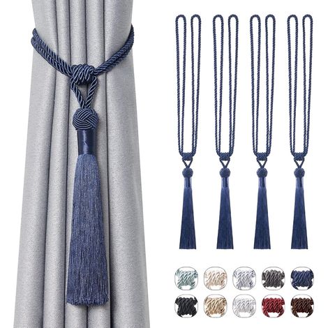 Lot de 4 embrasses à pompons en corde tressée, faites main, style européen, pour rideaux de maison ou bureau (bleu foncé). (1/5)