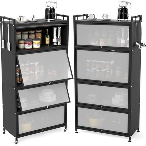 COSTWAY Armoire de cuisine haute à 5 étages, étagère de cuisine à roulettes, support pour micro-ondes avec 4 portes rabattables et 4 crochets, étagère métallique sur pied, armoire haute pour cuisine, (1/5)