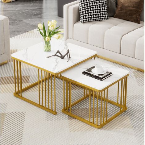 Couchtisch 2er-Set MDF Weiß Marmoroptik Hochglanz, quadratisch und nestbar 60 cm (1/5)