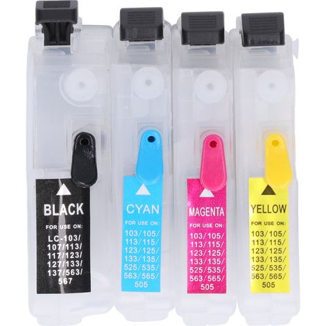 Cartouches d'encre rechargeables 4 couleurs compatibles imprimante jet d'encre avec puce permanente pour LC103 (1/5)