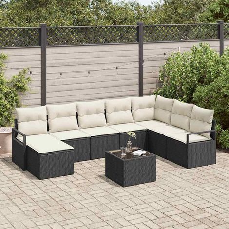 Sofa Set mit Kissen 9 pcs Schwarz Poly Rattan (1/5)