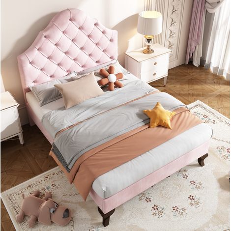 Cama tapizada 90/200 cm rosa de terciopelo con cabecero regulable (1/5)