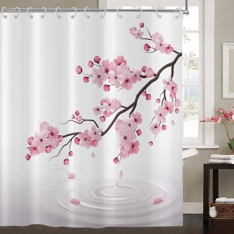 1 Rideau de douche, Motif fleurs de cerisier, Tissu polyester imperméable, Lavable, Pour salle de bain (1/5)