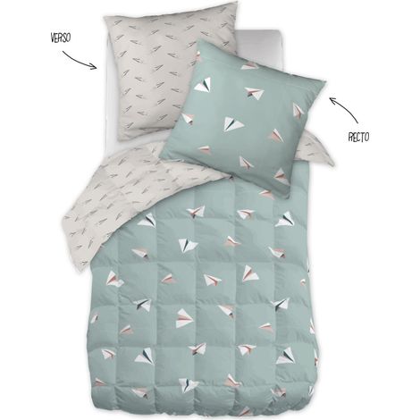 Couette toutes dimensions "Petits Papiers" Réversible 100% Coton / 57 Fils/cm² l'Effet Papillon - - - - 140 x 200 cm pour lit 1 place (1/3)