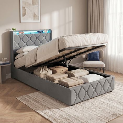 Lit coffre simple 90x200 cm avec sommier, lit adulte avec LED RGB et ports USB, velours, moderne, Gris (1/5)