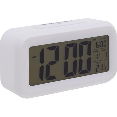 Premier Housewares White LCD Digital Clock Small Desk Clock / Alarm Clock Battery Powered Lightweight Temperature Sensor Contemporary w14 x d5 x h8cm (1/5)