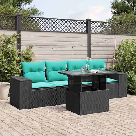 5-teiliges Gartensofa-Set mit Kissen, schwarzes Polyrattan (1/5)