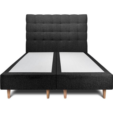 Lit 180x200cm avec tête de lit capitonnée bouclette et double sommier tapissier noir - Hauteur totale : 35cm (1/5)