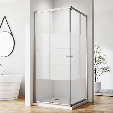 Duschkabine Eckeinstieg 75x90 cm Schiebetür Duschabtrennung Eckeinstieg Doppel Schiebetür, 6mm ESG Sicherheitsglas mit weißen Querstreifen-Dekor, Duschwand Höhe 185cm, LINKS & RECHTS MONTIERBAR