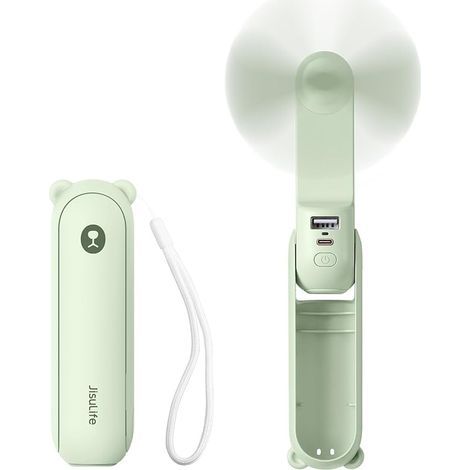 Mini ventilateur à main portatif, 3 en 1, rechargeable, ventilateur à piles [14-21 heures de travail] avec batterie externe, fonction lampe de poche-vert clair (1/5)