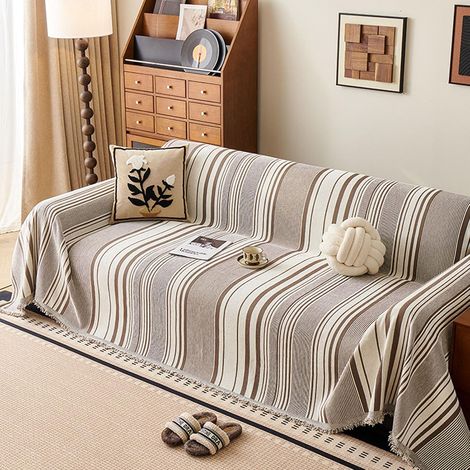Funda de sofá lavable y antideslizante de chenilla a rayas con borla - Para todas las estaciones - 180 x 380 cm (1/5)