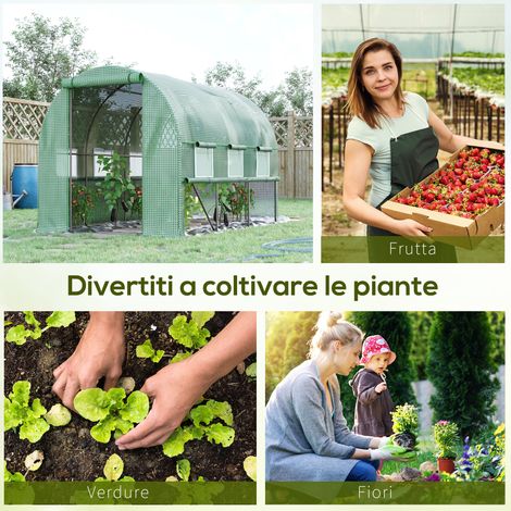 Serre de jardin 2x2x3m en acier vert avec bâche en polyéthylène, fenêtres à moustiquaire et portes à zip (1/5)