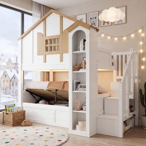 Lit superposé pour enfant 90x200 cm avec lit inférieur hydraulique, lit 2 places avec éclairage LED et escalier de rangement