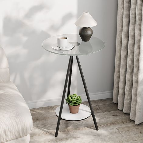 Tavolino a 2 piani, tavolino con piano in vetro temperato, tavolino rotondo con gambe in metallo, tavolino d'appoggio per soggiorno, camera da letto, piccoli spazi - Trasparente (1/5)