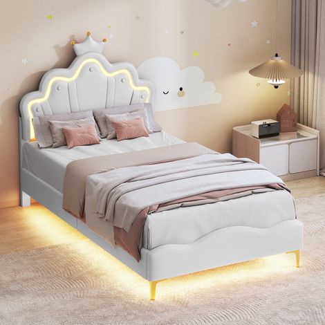 Cama 90x190 cm - Cama infantil 90x190 con corona - Cama acolchada con LED en el cabecero y el pie de cama - Cama  Princesa de terciopelo - Blanco