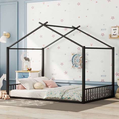 Kinderbett Metall Schwarz 140x200 cm in Hausform mit Lattenrost (1/5)