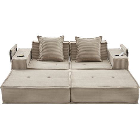 Sofá cama doble de tela de corduroy beige claro con 2 cojines y almacenamiento lateral (1/5)