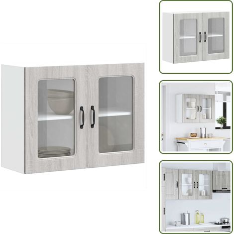 Küchen-Hängeschrank mit Glastür Grau Sonoma Holzwerkstoff - Küchen-Wandschrank - Küchen-Wandschränke - Wandschrank Küche - Küchenschrank (1/5)