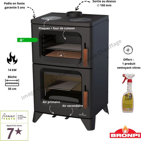 Bronpi – Cuisinière à bois 14 kW avec four et plaque fonte – Double combustion – Corps acier anthracite – Pour bûches jusqu'à 50 cm