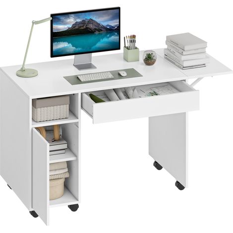 Mobiler Computertisch mit Klappplatte, Schublade, Schrank und Fach, 130 x 58 cm, weiß