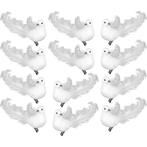 Palomas blancas artificiales con pinzas metálicas, mini pájaros con plumas blancas para enganchar, 12 piezas, para manualidades, adornos navideños y coronas. (1/4)