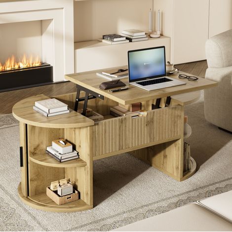 Mesa de centro 100x50x40.5 cm color roble en MDF con tablero elevable y puertas correderas (1/5)