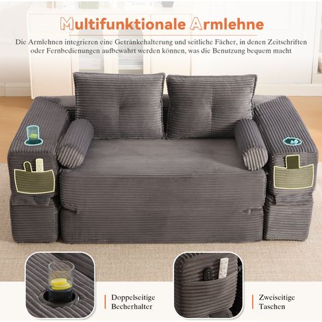 Canapé-lit pliant 2 places, mousse haute densité et ressorts, stable et confortable. Avec pochettes, porte-gobelets, coussin mémoire + 2 coussins décoratifs. Sous vide, montage rapide, idéal salon et  (1/5)