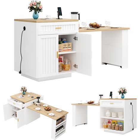 Îlot cuisine extensible 121,5-192 cm blanc prise intégrée portes rainurées verticales tiroir étagères (1/5)