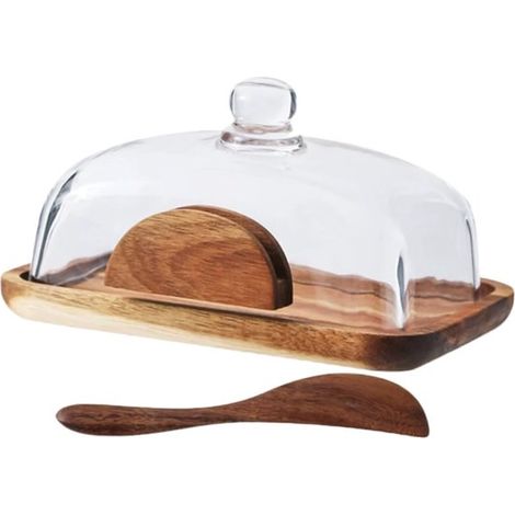 Mantequera con tapa, La tapa de vidrio hermética mantiene la mantequilla suave, Mantequera con tapa, fabricada en vidrio y madera de acacia (1/4)