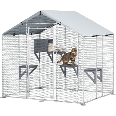 Gran refugio exterior para gatos, jaula de acero galvanizado con techo impermeable para 5 gatos, 200x170x195 cm, color plata (1/5)