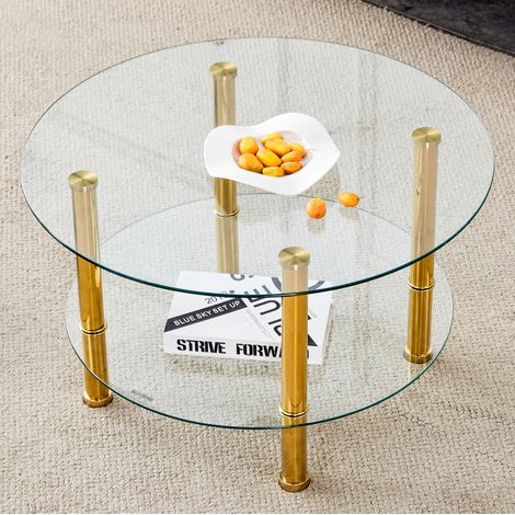 Mesa de centro redonda de cristal templado de 2 niveles, Ø 70 cm, metal dorado DESVIAE (1/5)