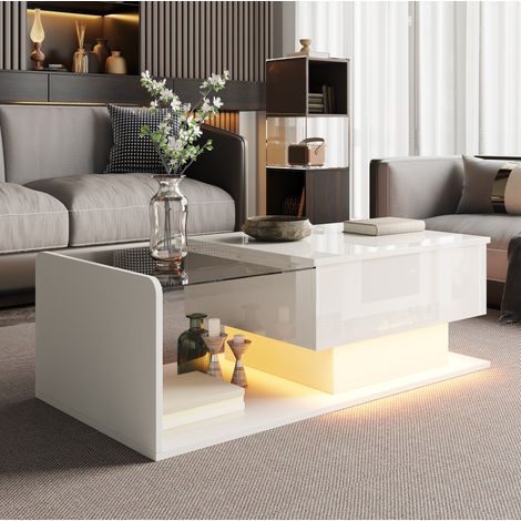 Mesa de centro elevable 100x50x33/47,5 cm blanco brillo con LED y vidrio templado MEUBLIV (1/5)