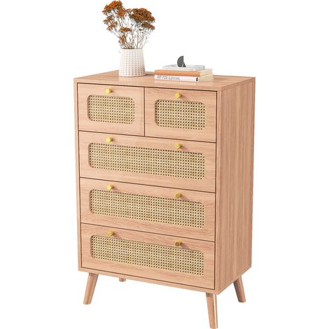 Sideboard mit 5 Schubladen aus Rattan, Kommode für das Schlafzimmer, elegantes Küchen-Sideboard, 60 x 34 x 91 cm, naturfarben (1/5)